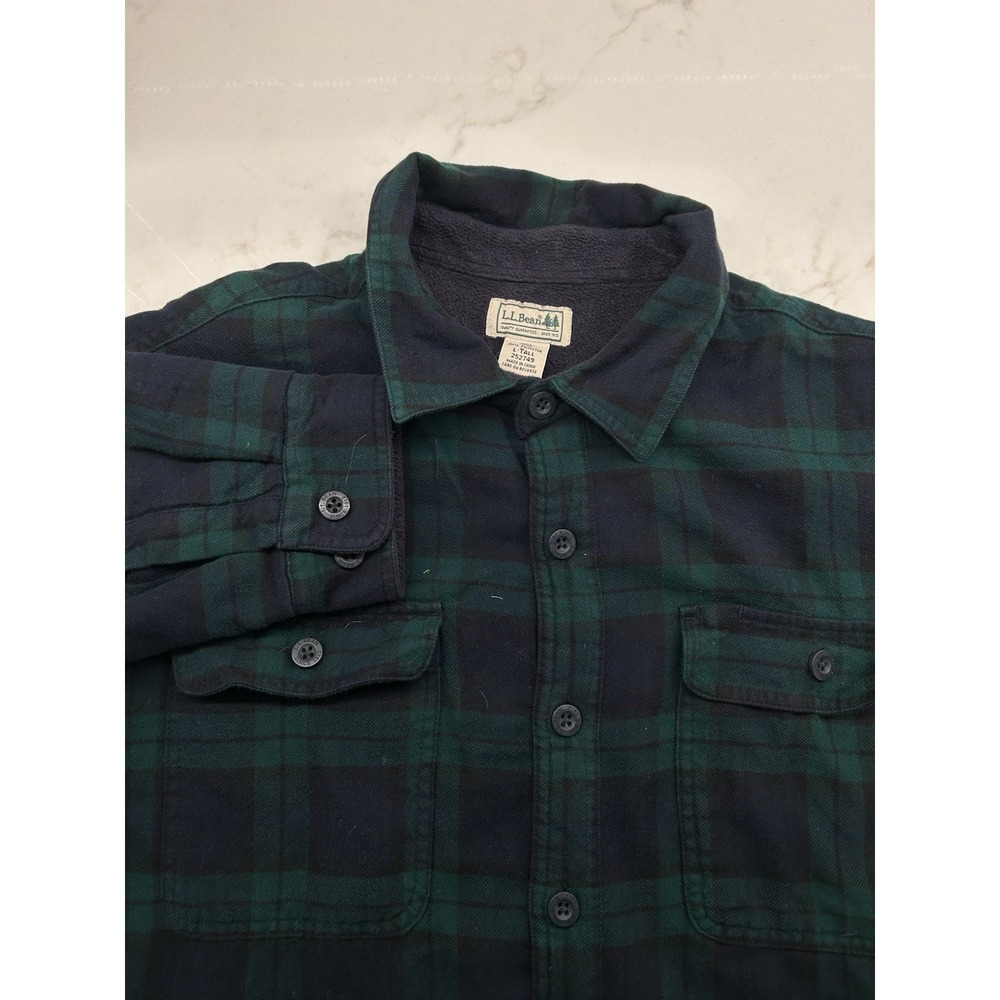 LL Bean Flannel Button‎ Up Shirt Fleece Lined Green Navy Blue Size Large Tall LT